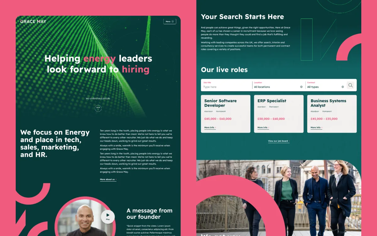 Grace May recruitment website designs in dark green and pink