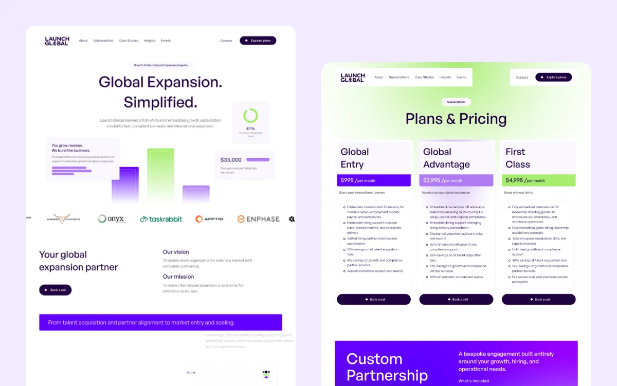 Launch Global global expansion website homepage and pricing page designs